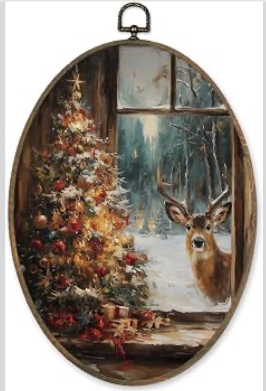 KVEKVE Vintage Winter Oval Framed Wall Art winter Christmas Deer